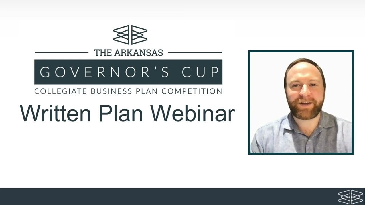Slide for The Arkansas Governor’s Cup Written Plan Webinar with a headshot of a man on the right and event branding on the left.