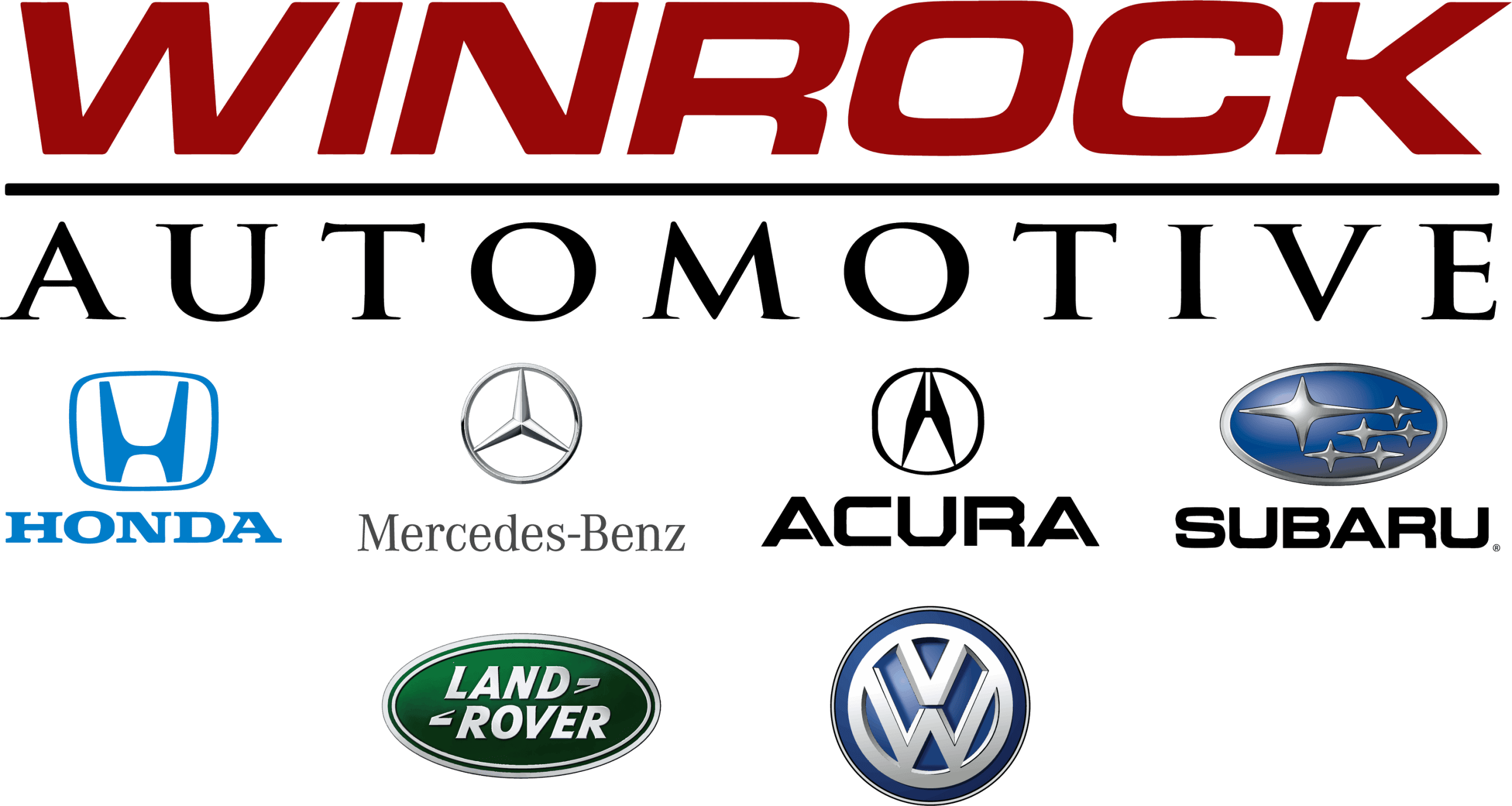 Winrock Automotive logo above logos of Honda, Mercedes-Benz, Acura, Subaru, Land Rover, and Volkswagen on a white background.