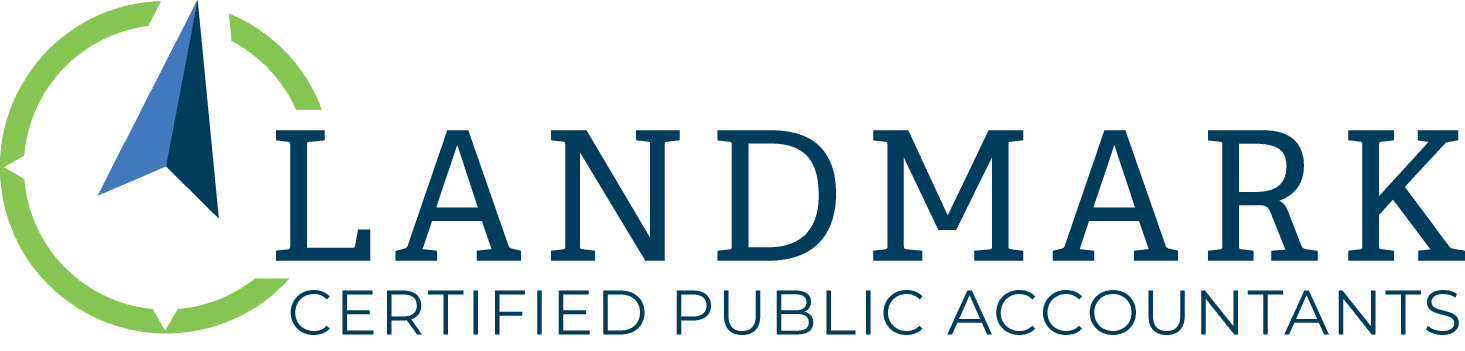 Landmark Certified Public Accountants logo with a green compass symbol to the left of the company name in blue text.