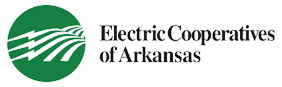 Green circle logo with white power lines and arrows beside the text “Electric Cooperatives of Arkansas” in black font on a light background.